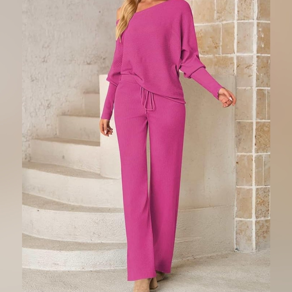 Women's Fuschia Ribbed Wide-Leg Pant Set Sz L